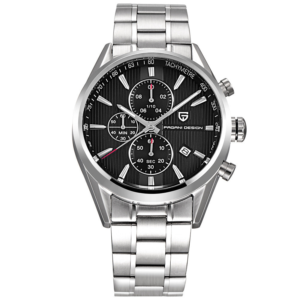 PAGANI DESIGN men's stainless steel quartz chronograph watch with black dial, front view