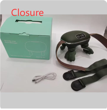 Wireless neck and shoulder massager with heating pads, straps, and charging cable, shown with retail packaging